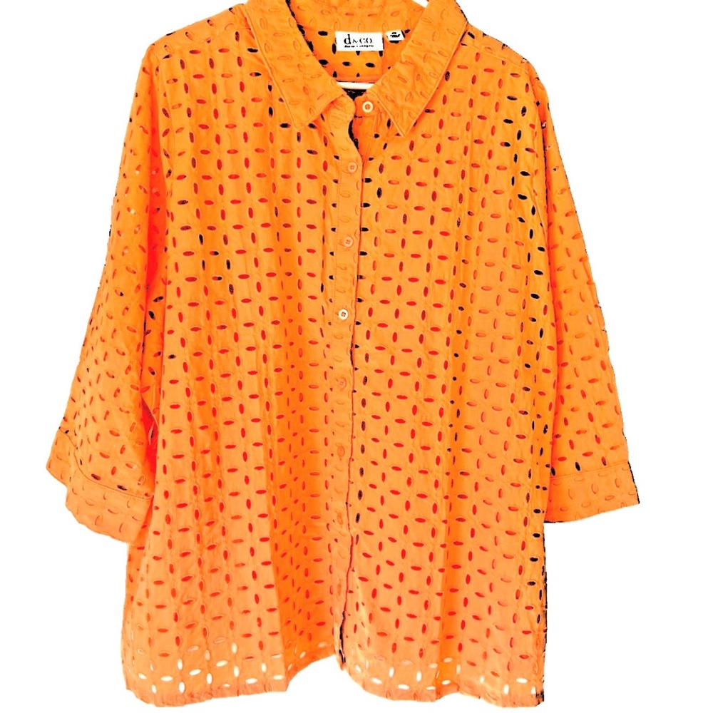 2 pc Denim & Co Twinset Button Front Eyelet Shirt & Tank Top Set Plus 2X Orange